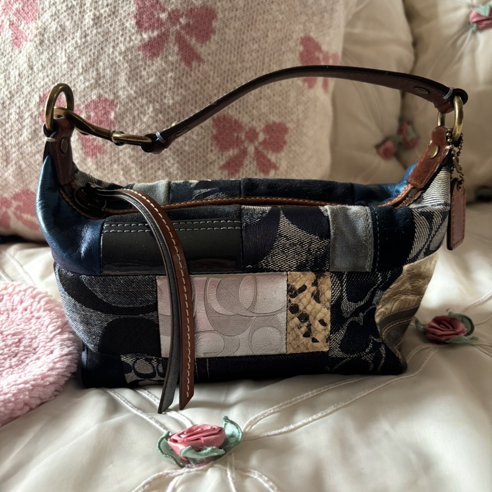 Coach Blue and Brown Hobo Bag with Mixed Media Design